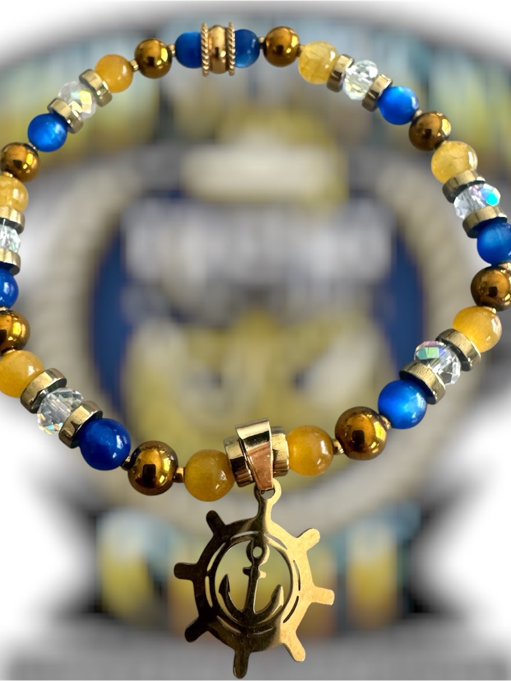 US Navy Inspired Nautical Anchor Charm Beaded Bracelet - Blue & Gold